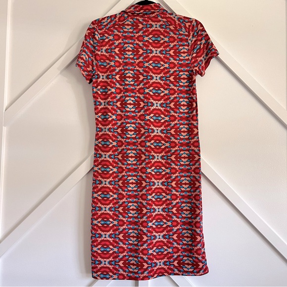 Anne Klein Womens gold Button Front Dress Size s Stretchy red & blue pattern - Picture 2 of 8
